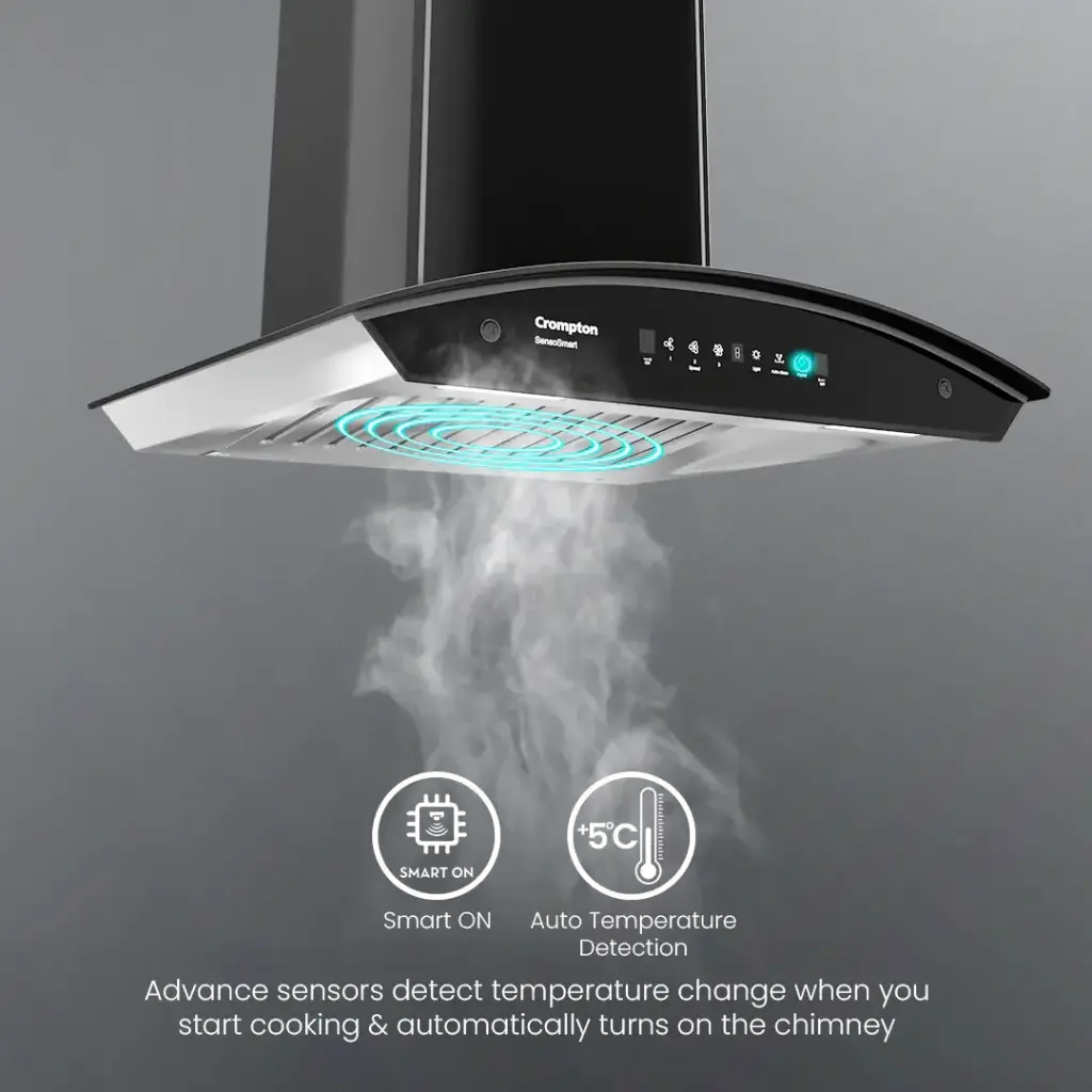 SensoSmart 
Size (Width) : 90 cm
Min Noise Levels in dB : 55dB
Max Suction : 1626 m3/hr
Speed : 3 speed
Touch Control : Gesture Control
Gesture Control : yes
Cleaning Technology : Intelligent Autoclean
Crompton Motor Technology : Induction Motor | Smart on
Warranty on Motor : 10 year
Net Diemention(W×D×H)mm : 897 ×340 ×855
Warranty on Appliance : 1 year
Ducting Kit Included : yes